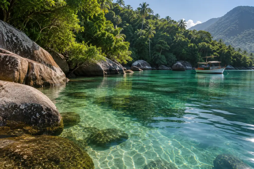 Agua verde y transparente entre piedras, con un barco de madera amarrado